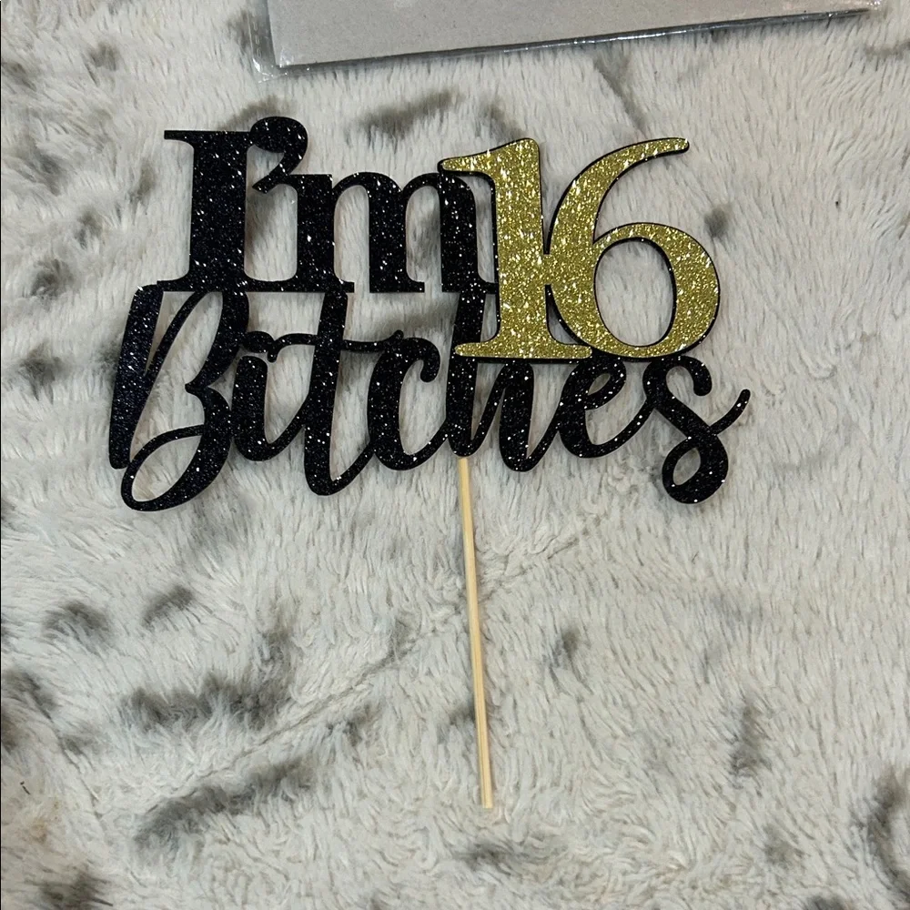 Glitter 16th Cake Topper - Black and Gold